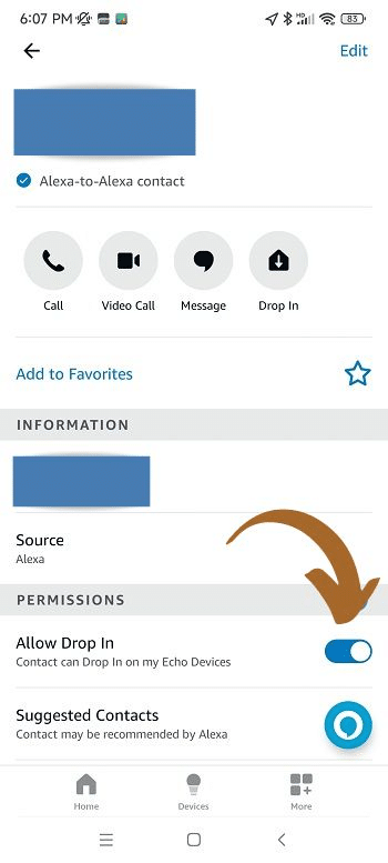 Allowing Drop in toggle on a contact in Alexa application