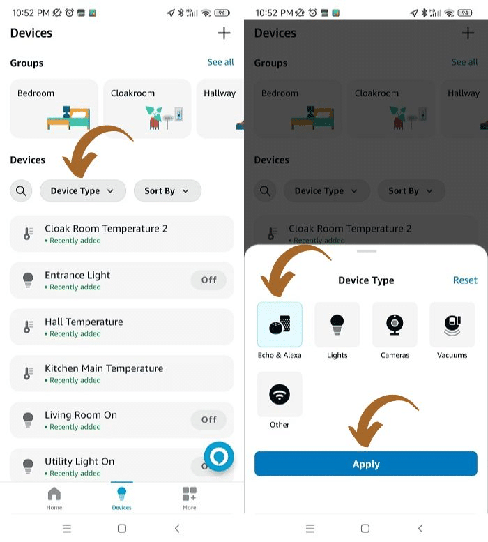 Selecting device type in the amazon alexa mobile application