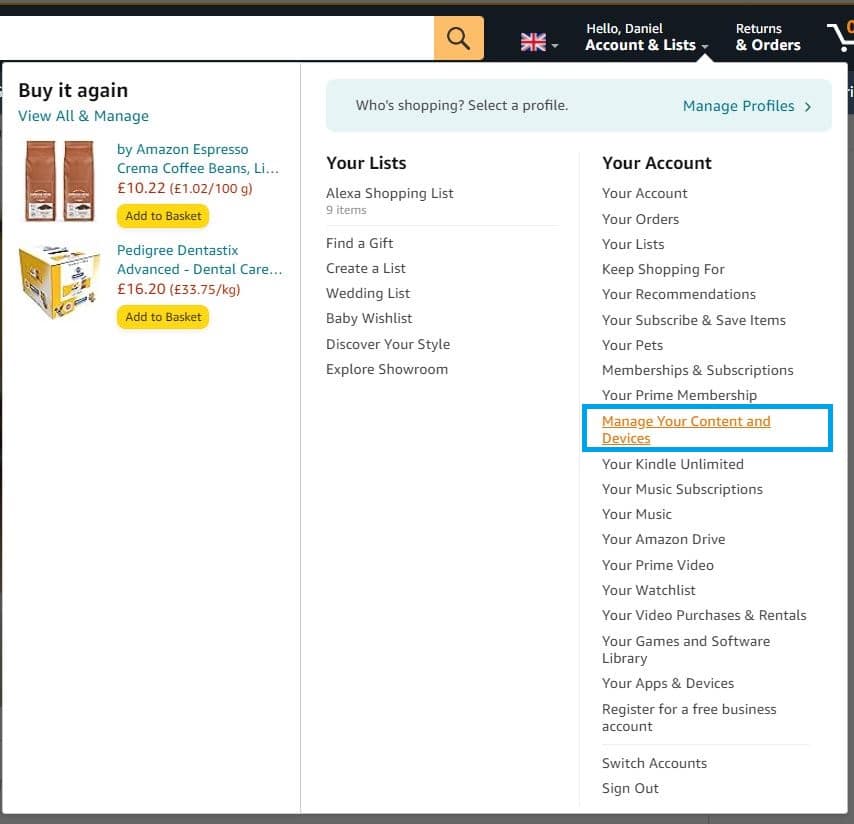Amazon website selecting manage your content and devices page