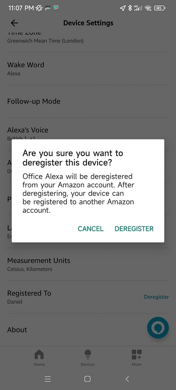 Deregisted this device screen confirmation