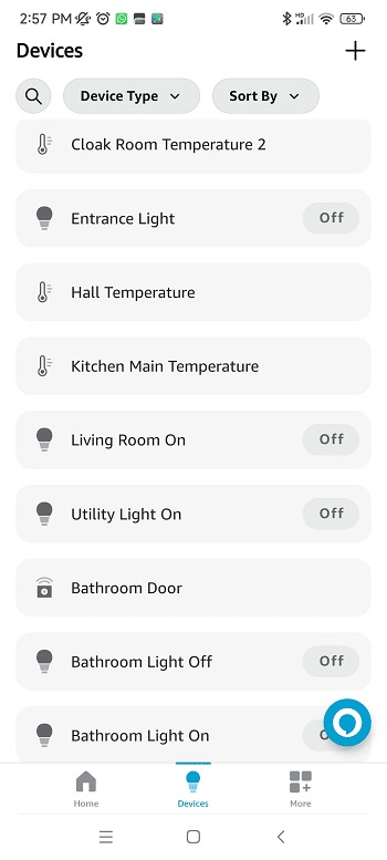 Alexa displaying connected smart home devices on the Devices page