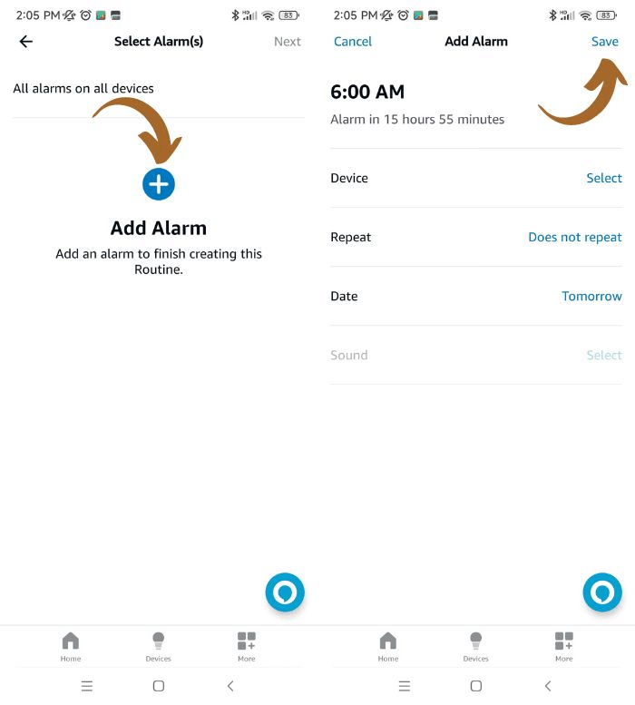Creating new Alarm in the Alexa mobile application