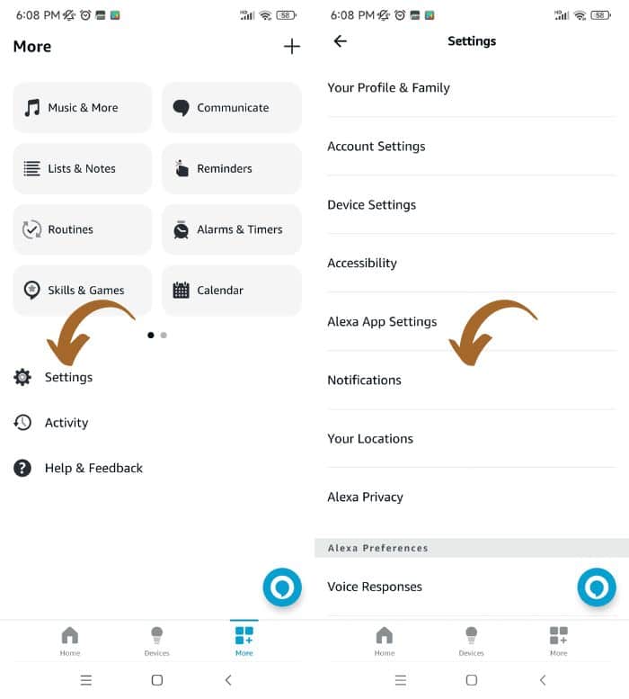 navigating to notification in the alexa mobile app