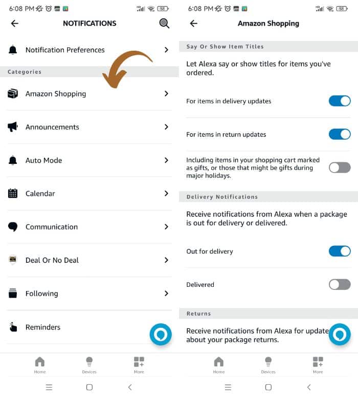 On the amazon shopping notifications page